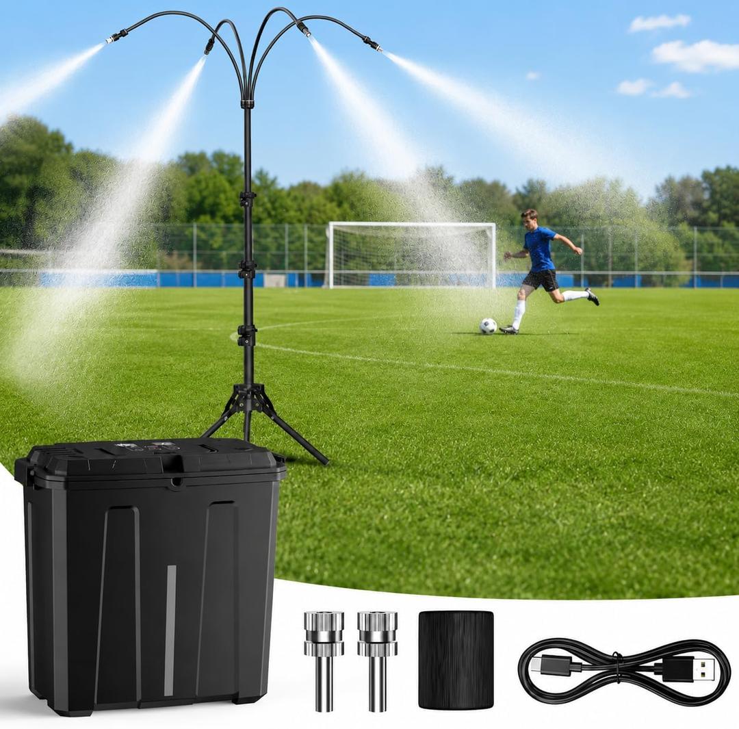 Ausic Portable Misting System with Stand, Water Cooling Misters Set for Outside Patio - 9L Bucket Built-in 10000mAh Battery & PCS Pump & Timer for Outdoor, Canopy, Sport, Golf, Beach, Greenhouse, Camp