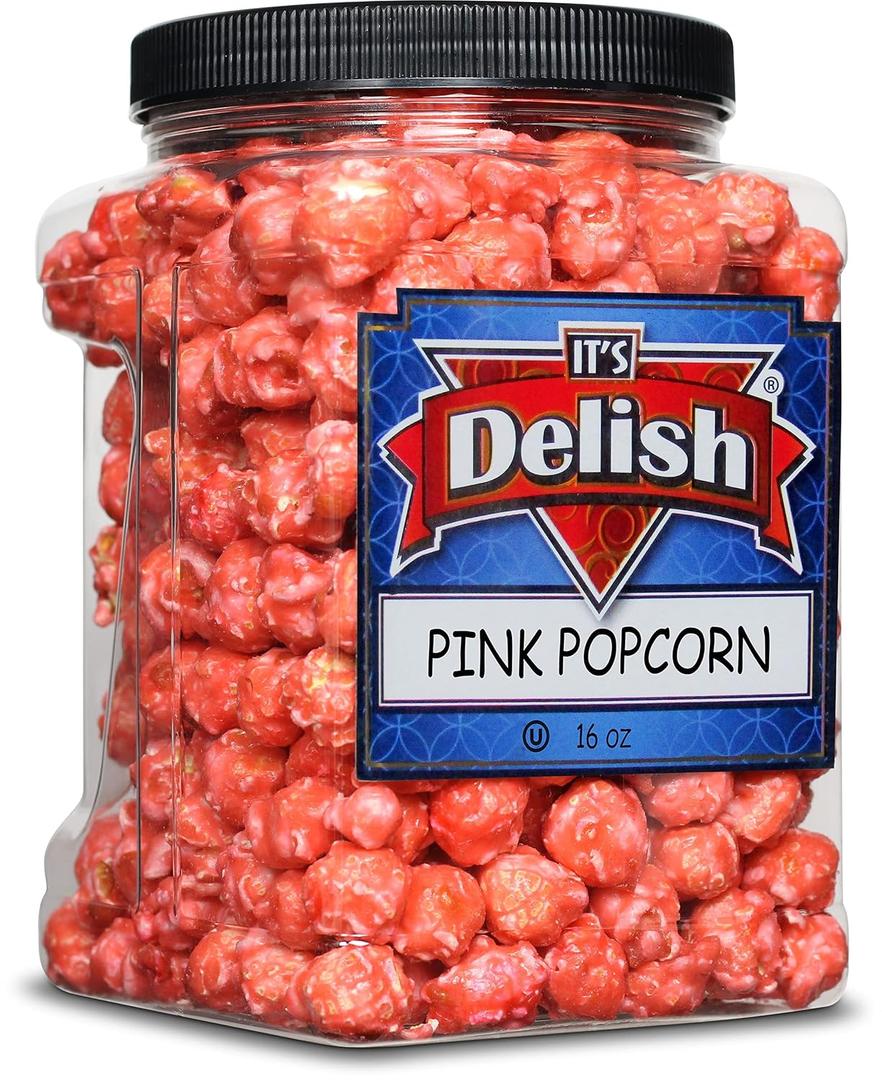 Gourmet Pink Strawberry Colored Popcorn by It's Delish, 16 Oz Jumbo Container | Bulk Colorful Popcorn Snack - Fruity Flavored Air Popped Corn Fun Confetti Gluten Free, Vegan, Kosher, 1 Count (EXP 06/17/28)