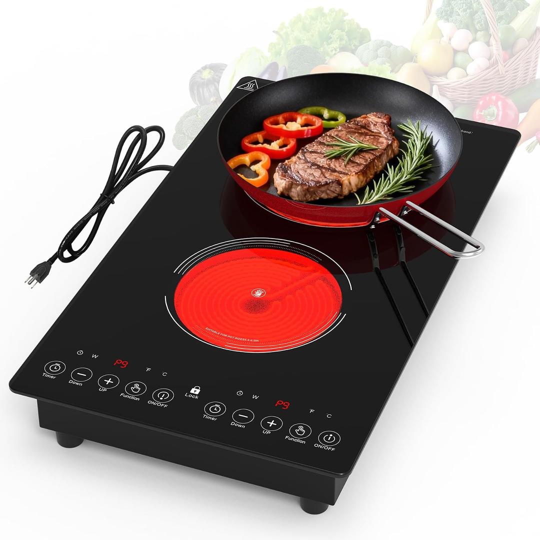 VBGK Electric Cooktop,110V 2100W Stove Top with LED touch Control,9 Power Levels, Kids Lock & 2H Timer,Overheat Protection stove,12 Inch 2 burner Electric cooktop
