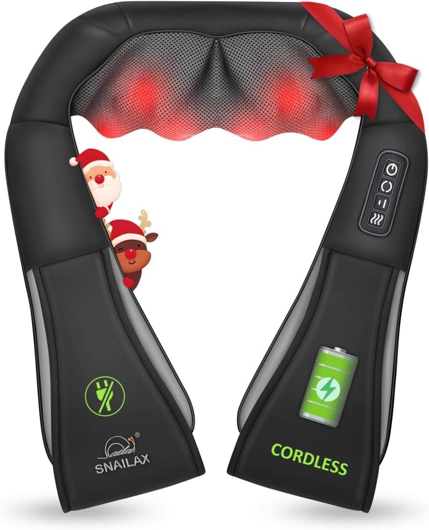Snailax Cordless Massager - Shiatsu Neck and Shoulder Massager with Heat, FSA Eligible, Portable, Lumbar, Back Electric Massage Pillow, Christmas Gift (Black)