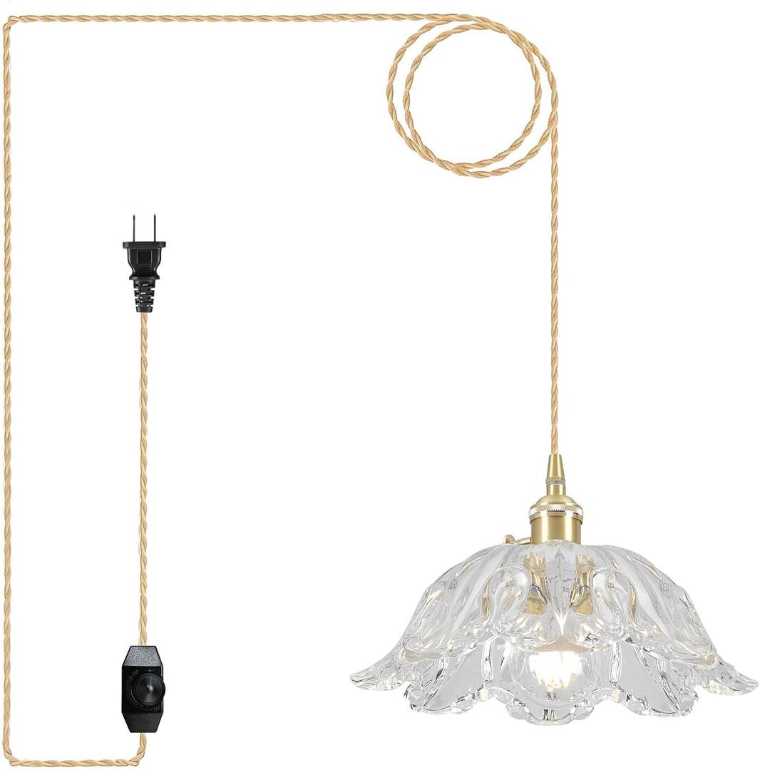 Plug in Pendant Light Fixtures,Hanging Light Fixture Transparent Glass Pendant Light 10.6in E26 Pendant Lighting for Kitchen Island, Bedroom, Dining Room, Living Room