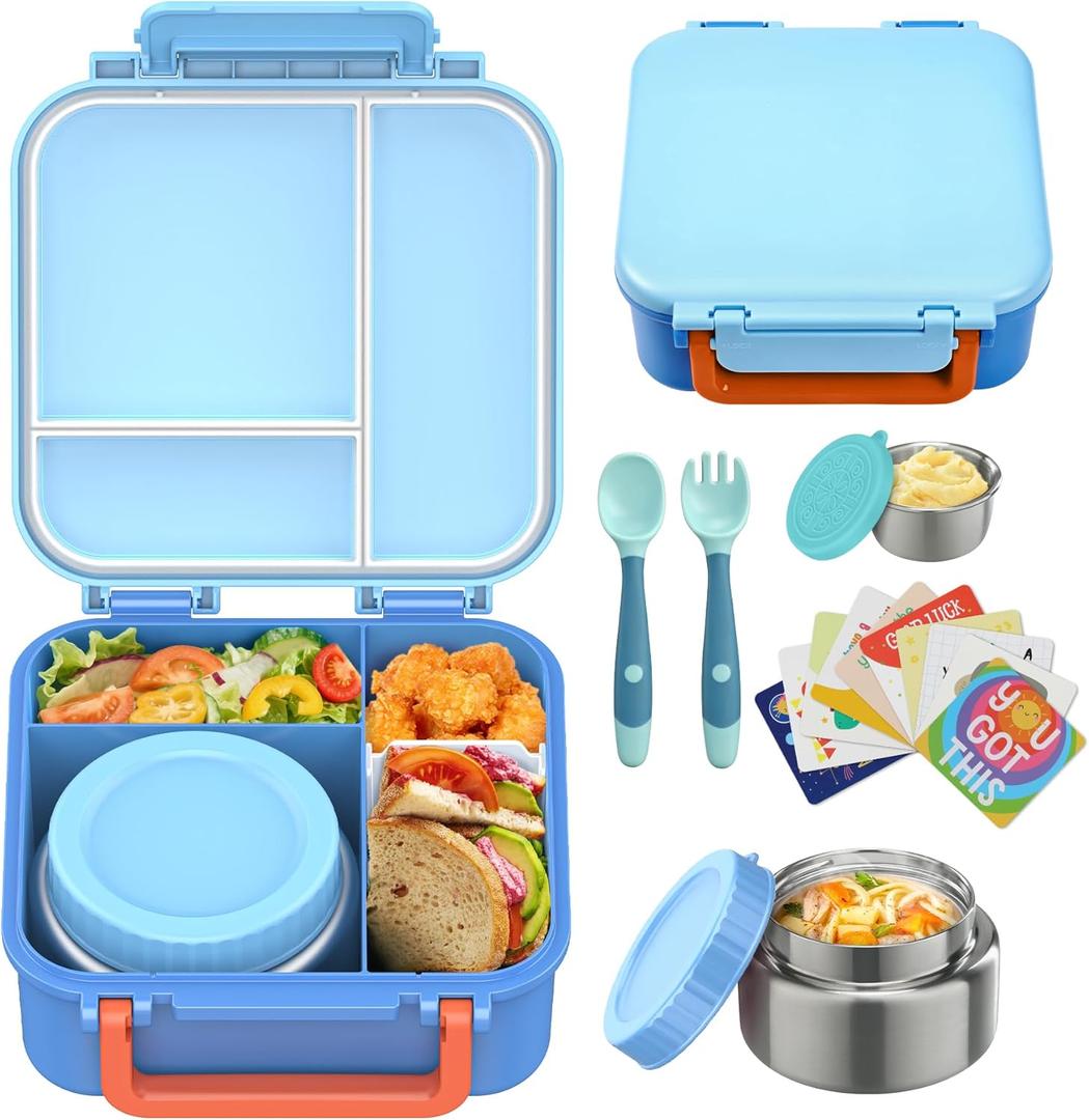 Kids Bento Lunch Box with 9oz Soup Thermo Leakproof Lunch Food Containers 4 Compartment with Insulated Hot Food Jar for Kid Toddler Girls Boys to School, Trvael (Blue)