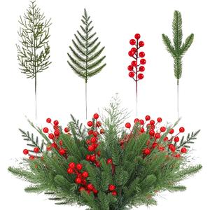 Gitechft 50 PCS Artificial Pine Branches Fake Greenery Pine Picks Artificial Red Berry Stems, Xmas Stems, Christmas Pine Needles for Wreath Decorations