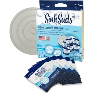 SinkSuds Laundry Detergent Travel Size Liquid Soap TSA Compliant Safe for All Fabrics 6 Packets & 1 Sink Stopper (0.25 Fl Oz (Pack of 6))