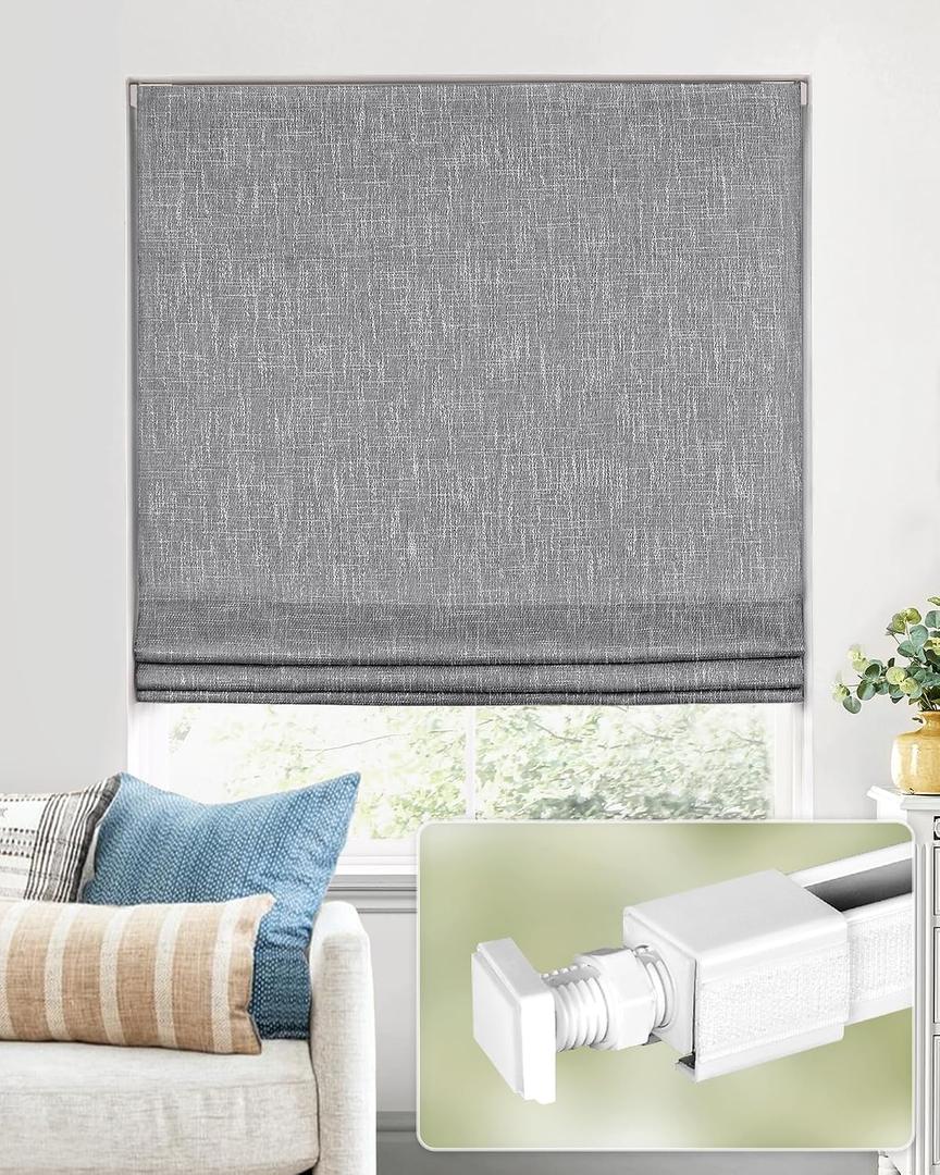 No Tools No Drill Cordless Roman Shades for Indoor Windows 100% Blackout, for Window Size 29" W 64" H Charcoal