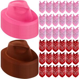 Hillban 72 Pcs Western Cowboy Hat and Paisley Bandana Set for Kids Felt Cowboy Party Hats for Costume Party Favors(Brown, Pink)