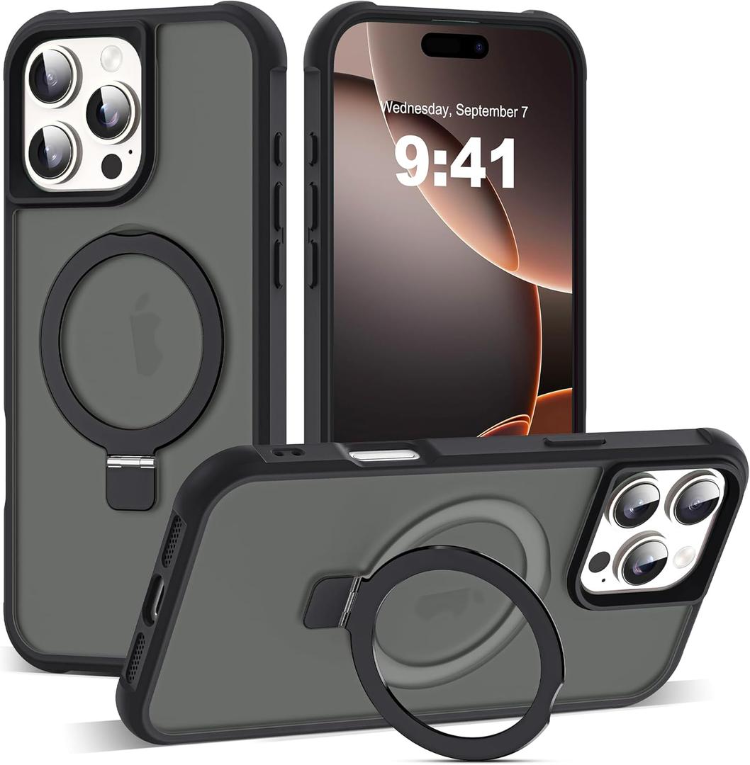 Compatible with iPhone 16 Pro Max Case with Invisible Magnetic O-Ring Stand Military-Grade Translucent Case for iPhone 16 ProMax 6.9" [Compatible with Mag-Safe] [Great Grip Feeling], Black