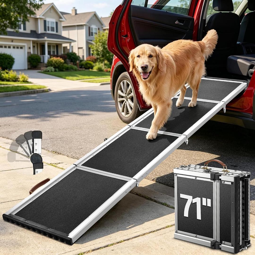 71" Aluminum Alloy Dog Ramp for Car SUV Truck Side Door, Outdoor Foldable Pet Ramp with Adjustable Support Head, Non-Slip Traction Surface, Sturdy Ramp for Large Dogs Up to 150 LBS