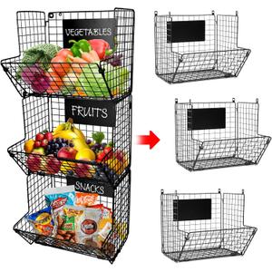 3-Tier XL Wall Hanging Fruit Baskets for Kitchen Organizing Fruits and Vegetables, Heavy-Duty Wall Basket for Storage with Chalkboards & S-Hooks, Wire Hanging Fruit Basket for Kitchen & Pantry (Rectangular, Black)