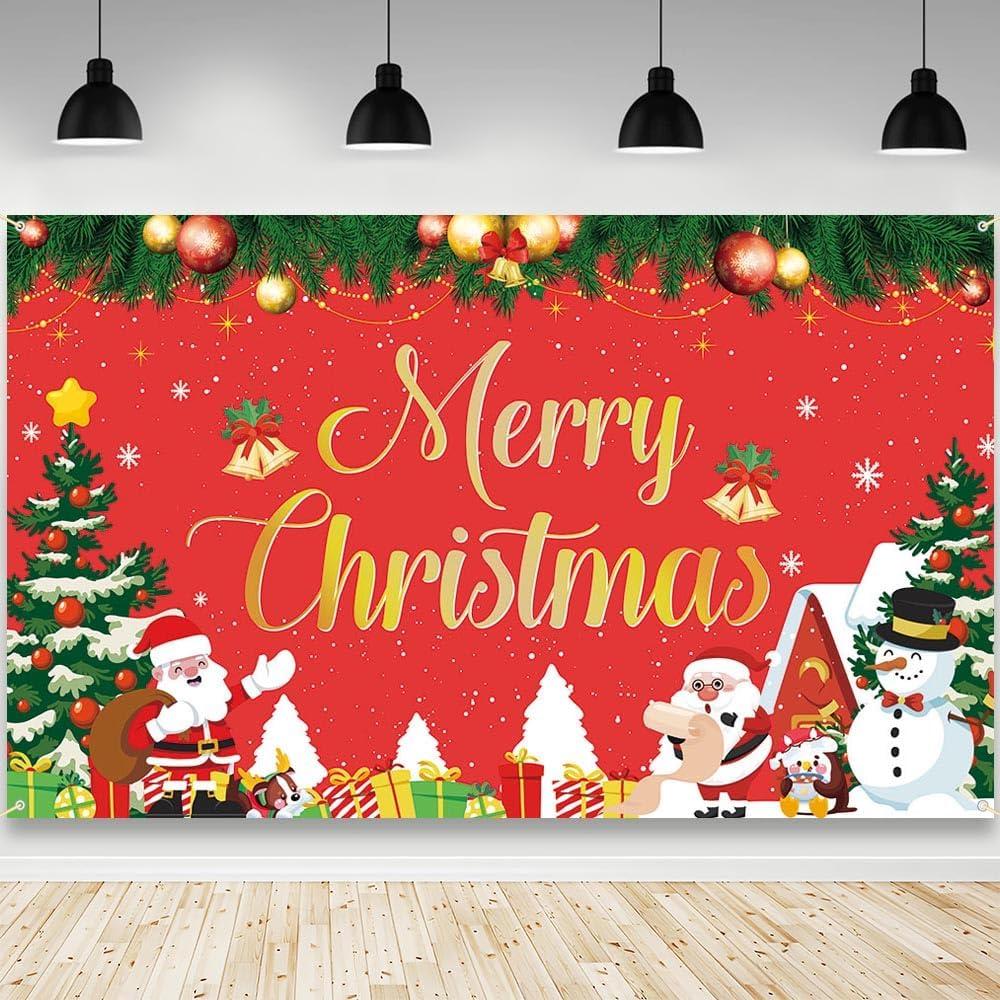 AIBIIN Merry Christmas Backdrop Santa Merry Christmas Holiday Party Decorations Banner Snowman Claus Reindeer Xmas Photography Background Photo Studio Props 70.8 x 43.3 inch