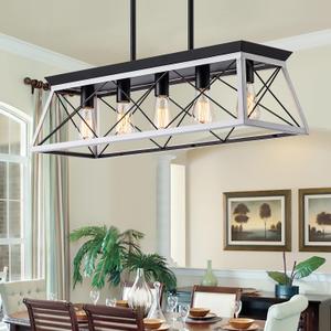 5-Light Pendant Lights Fixture, Farmhouse Chandeliers for Dining Room, Rustic Island Lights for Kitchen, Rectangular Chandelier Rustic Farmhouse Light Fxiture (White)