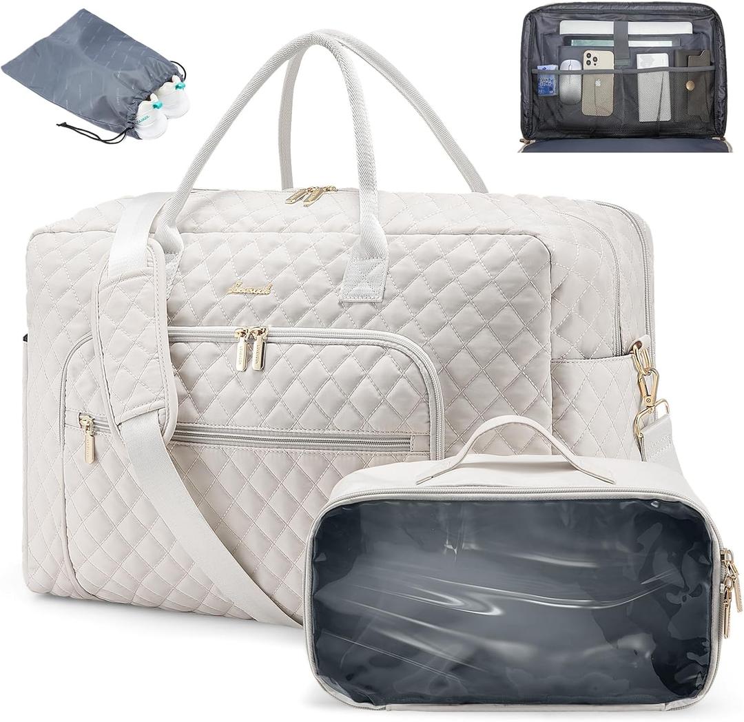 LOVEVOOK Travel Duffle Bag - Women's Weekender Carry On Overnight Laptop & Gym Bag With Toiletry/Shoe Pocket, Hospital Labor Bag (Large, Beige)