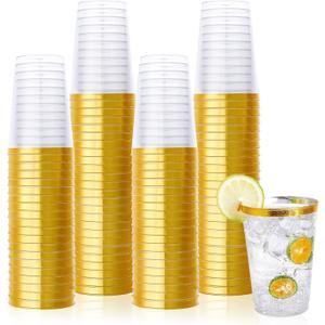 Vplus 150 Pack 12 OZ Reusable Gold Rimmed Clear Plastic Cups, Disposable Heavy Duty Plastic Cups Perfect for Party Christmas Wedding (EXP 01/01/30)