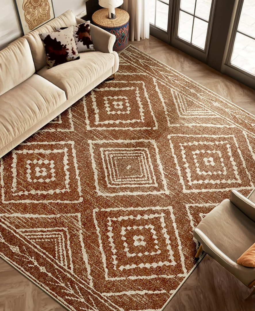 Area Rug 8x10 Rug Machine Washable Non-Slip Low Pile Print Pattern Western Rug for Living Room Bedroom Entryway-Yellowbrown/Cream