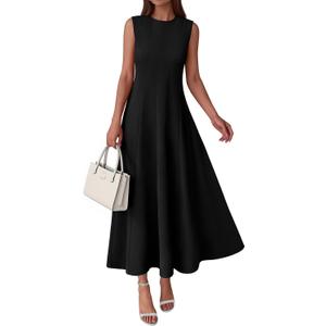 PRETTYGARDEN Sleeveless Crewneck Fall Maxi Dresses for Women with Pockets (Black, L)