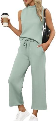 SAMPEEL Two Piece Sets for Women Summer Outfits Lounge Sets Mock Neck Tops Wide Leg Crop Pants Vacation Travel Outfits, M