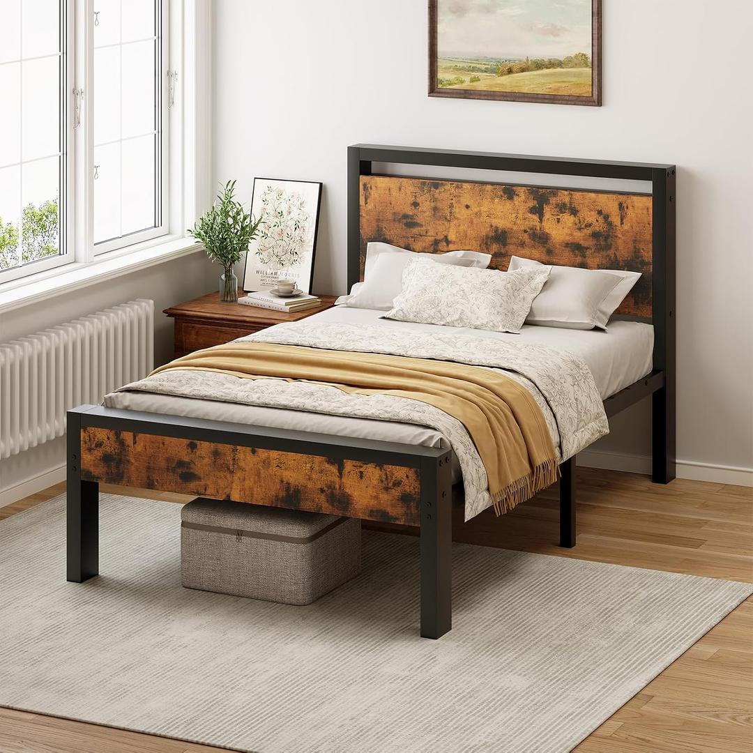 Sweetcrispy Twin 14 Inch Bed Frame with Wood Headboard, Rustic Brown