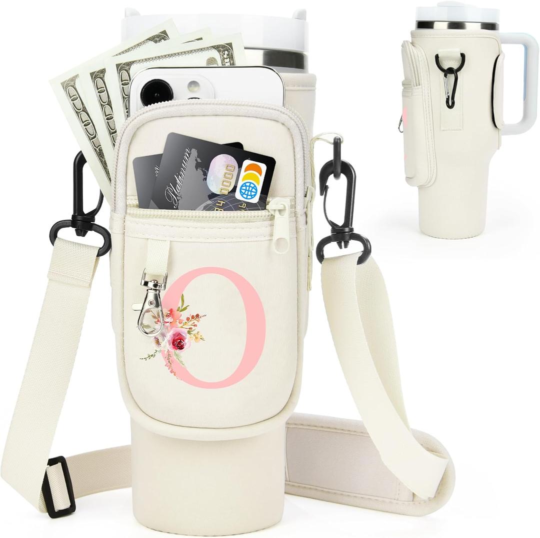 Initial Water Bottle Holder with Strap for Stanley Cup Accessories 40 oz Tumbler/Simple Modern Tumbler Bag, Water Bottle Carrier Bag with Strap for Men Women Gift Hiking, Travel, Camping, Walking Gym