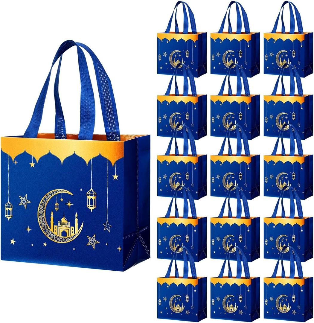 Resurhang 16 Pcs Eid Al Adha Party Reusable Gift Bags with Handles, Muslim Treat Non Woven Ramadan Goodie Bags for Eid Al Adha Muslim Party Supplies(Blue)