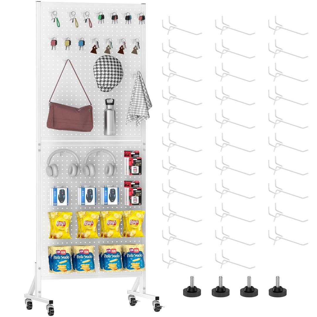 Pegboard Display Stand with Wheels, 24" x 70" Peg Board Stand, White | Freestanding Metal Pegboard Display with 32 Hooks, for Organizing and Displaying, for Merchandise Vendor Retail Craft Fairs