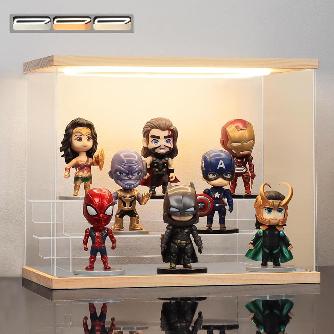 Clear Acrylic Display Case with Light 3 Tier Display Storage Box Assembly Dustproof Showcase for Collectibles Action Figures(Wood, 12.0*6.9*9.4inch)