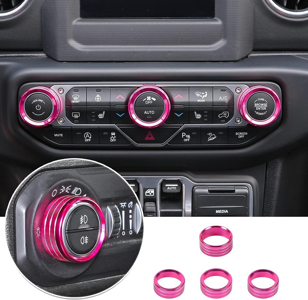 JeCar Air Conditioner Radio Switch Knob Cover & Headlight Knob Cover Aluminum Alloy AC Button Trims Compatible with Jeep Wrangler 2018-2023 JL JLU & 2020-2023 Gladiator Specific Dial Panel, Magenta