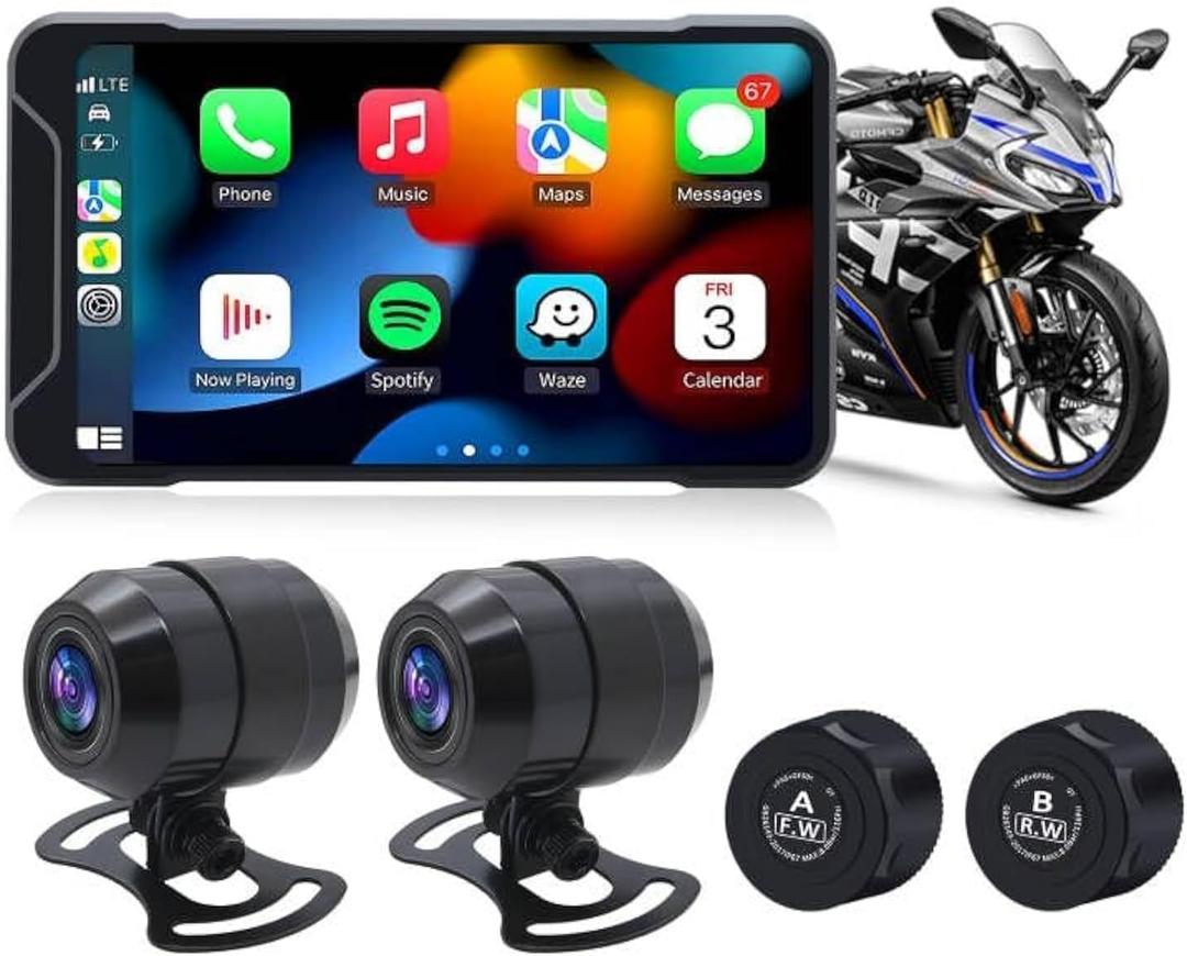 Geloo Motorcycle Dash Camera Support Wireless Apple Carplay & Android Auto, 1080P Lens Motor Dash Cam Front and Rear with TPMS, GPS, WiFi, Wireless 5 IPS Touch Screen Motorcycle DVR