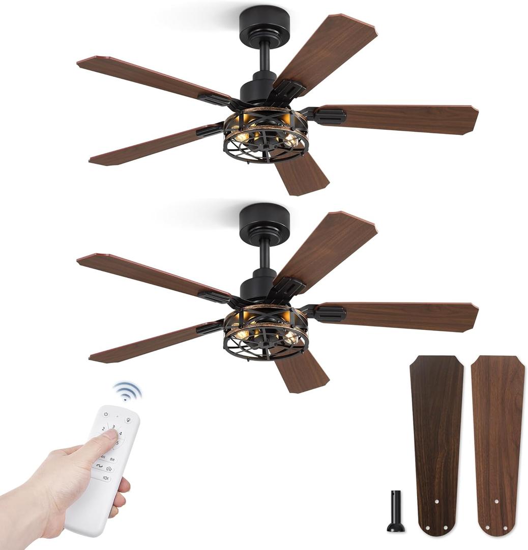 Fanbulous 2 Pack 42 Inch Rustic Caged Ceiling Fan with Lights, Black Farmhouse Ceiling Fans for Bedroom Living Room, Double-Sided 5 Blades Rustic Ceiling Fan (Black and Walnut)
