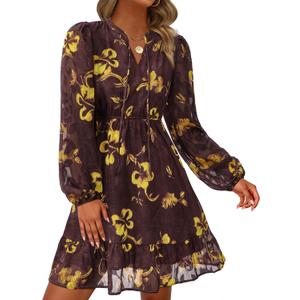 PRETTYGARDEN Women's Fall Boho Dresses 2026 Floral Long Sleeve V Neck Mini Flowy Wedding Guest Dress Trendy Vacation Outfits (S)