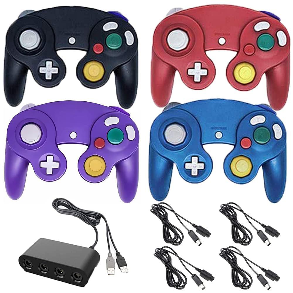 4 Pack Wired Gamecube Controllers with 4 Port USB Adapter and 4 Pcs Extension Cord Set for Game Cube, Switch, WII, Wii U Console, PC (Black Purple Red Blue)