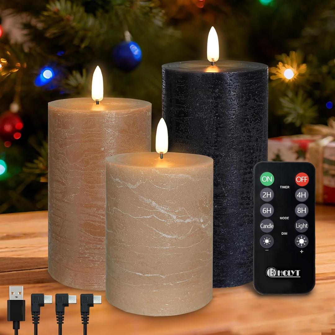 Rechargeable Flameless LED Pillar CandlesLuminous Real Wax Indoor Home DecorSet of 3, Realistic Flickering LED Flame,Remote & Timer, USB-RechargeableCaramel Beige