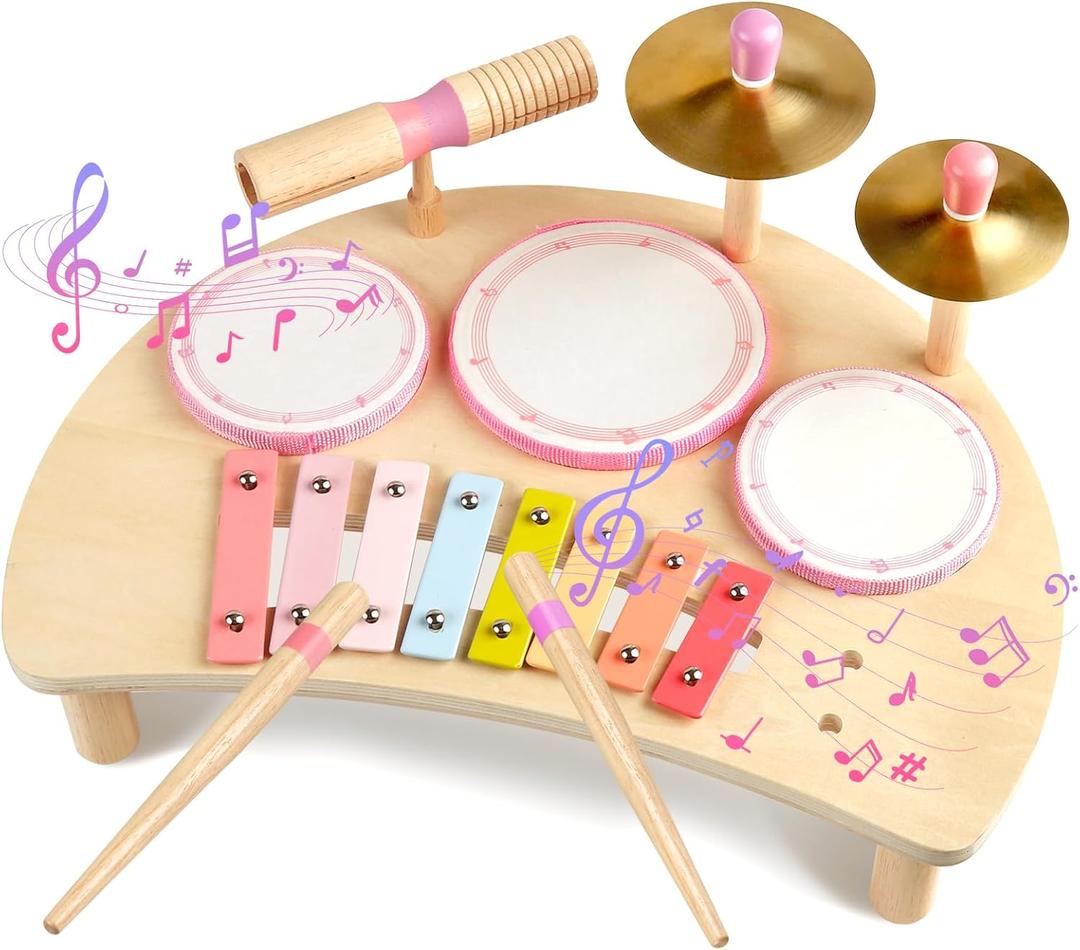 Kids Drum Set Montessori Musical Instruments for Toddlers 1-3, Wooden Baby Drum Kit with Xylophone, Preschool Music Toys for Early Learning, Educational Birthday Gift for Boys Girls (Pink)