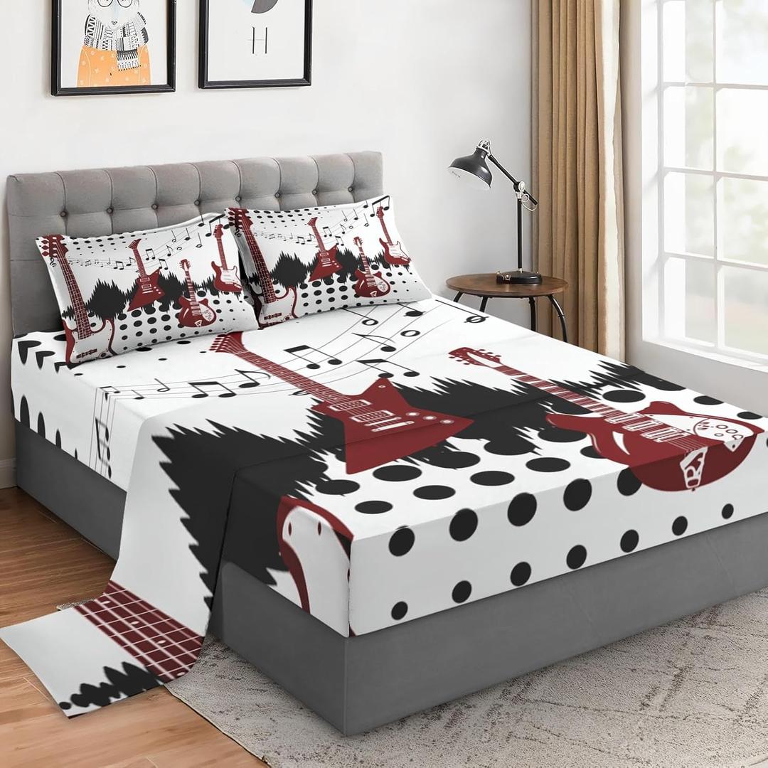 Full Size Bed Sheet Sets with Pillowcases, Guitar Rock Music 4 Pcs Soft Microfiber Bedding for Kids and Adults, Musical Play Flat, Fitted Sheet for Bedroom Bed Decor
