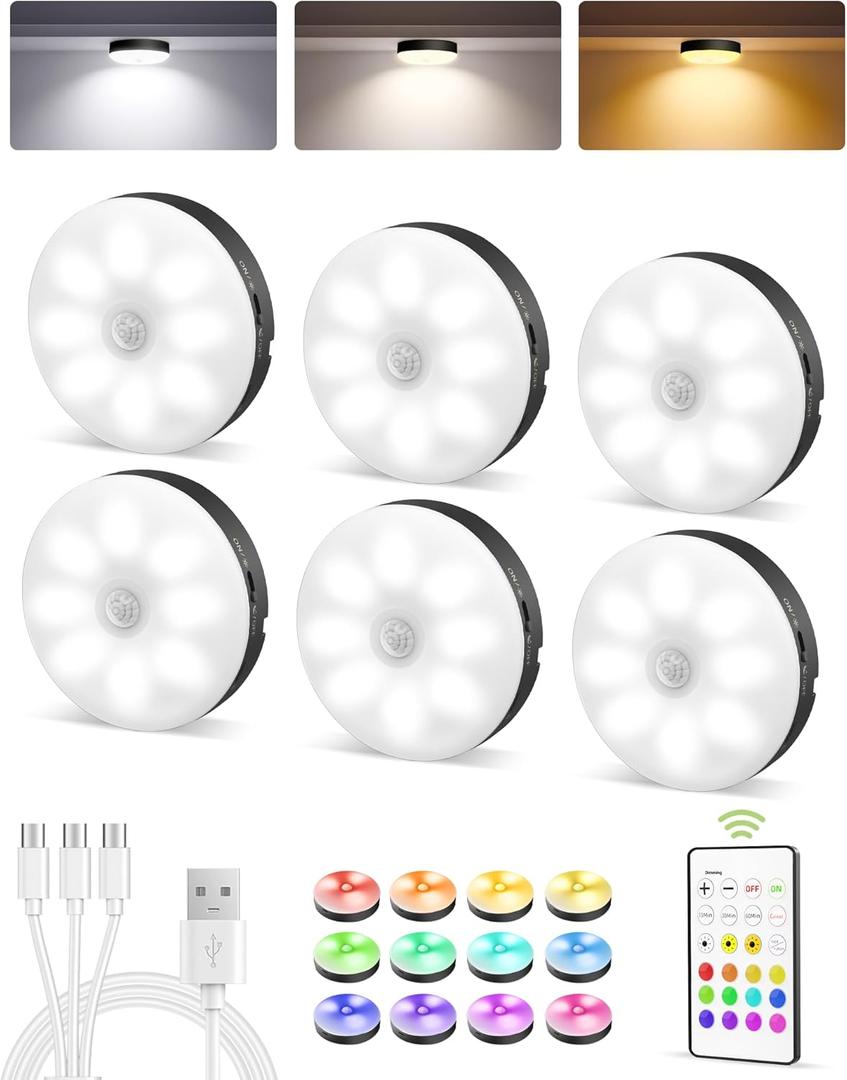 EZVALO Under Cabinet Lighting,1000mAh Rechargeable Puck Lights with Remote,3 Color Temps & 12 RGB Motion Sensor Closet Lights Indoor, Dimmable Under Counter Lights for Kitchen, Shelf Black, (6 Packs)