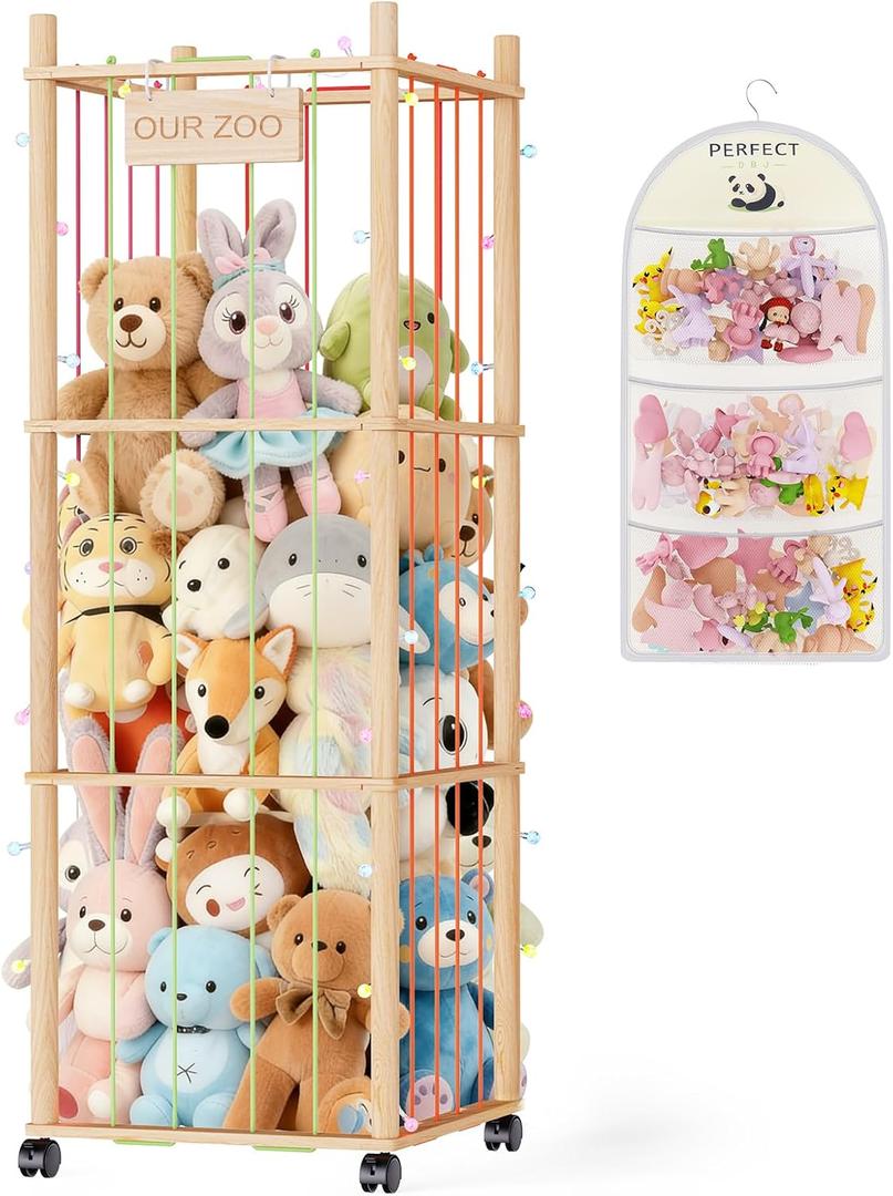 Stuffed Animal Storage & Organizer - Wooden Stuffed Animal Holder - 53.6" Stuffed Animal Zoo with Thicker Bands - Large Capacity Stuffy Storage for Playroom/Living Room/Nursery Room/Bedroom (Beige)