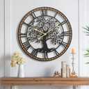 Micasso 24 in Large Tree of Life Wall Clock, Metal Black Modern Wall Clock with Solid Wood Frame, Oversized Non-Ticking Battery Operated Silent Clock for Office,Living Room,Kitchen. (24*24 Inch)