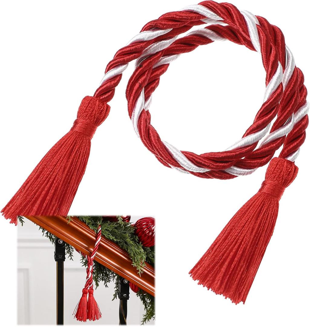 Dingion 20 Pcs Christmas Garland Decorative Banister Ties with Tassel 25.2 Inches Christmas Reusable Twist Ties for Garland Fireplace Staircase Banister Home Xmas Holiday Decorations(Red, White)