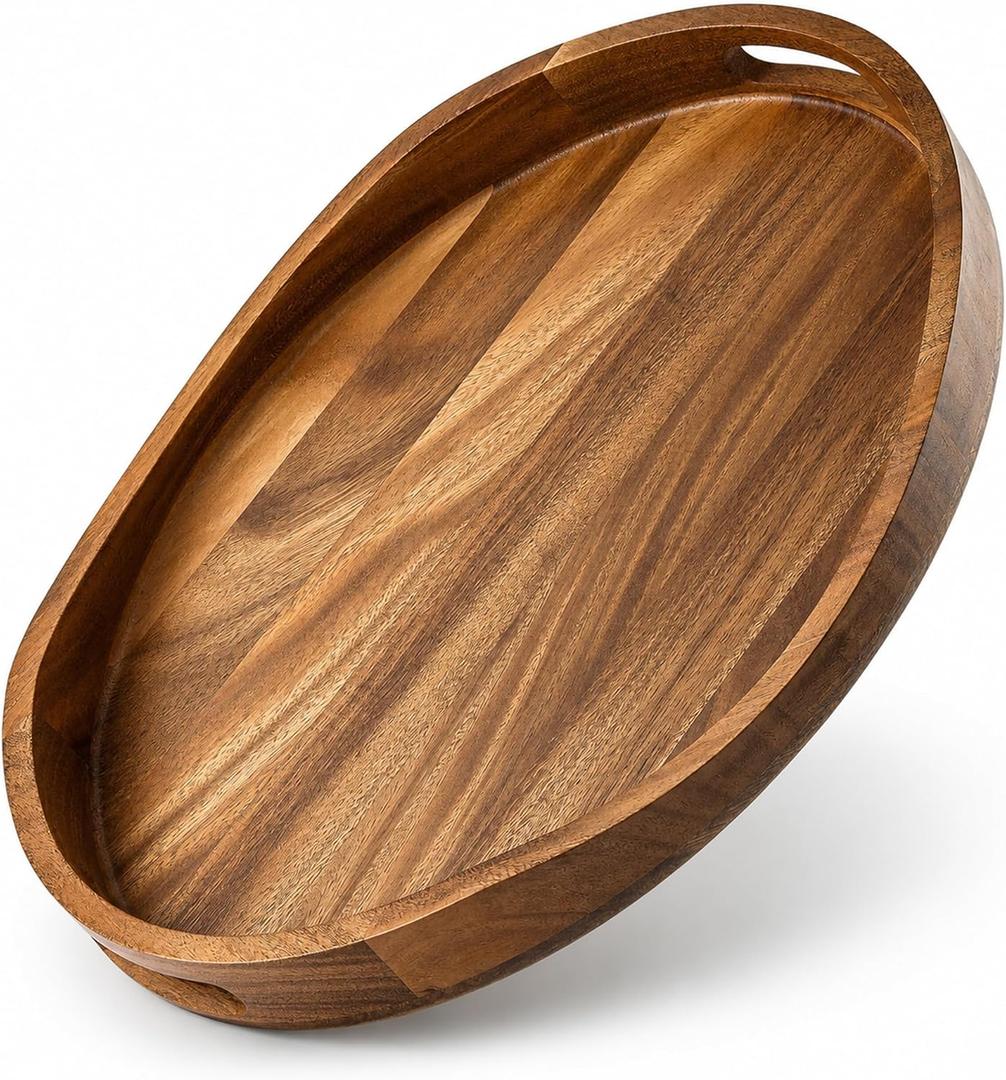Oval Wood Ottoman Tray, 20 x 14.9 Inch Decorative Serving Tray for Coffee Table, Large Brown Wooden Tray for Living Room, Bedroom and Home Decor