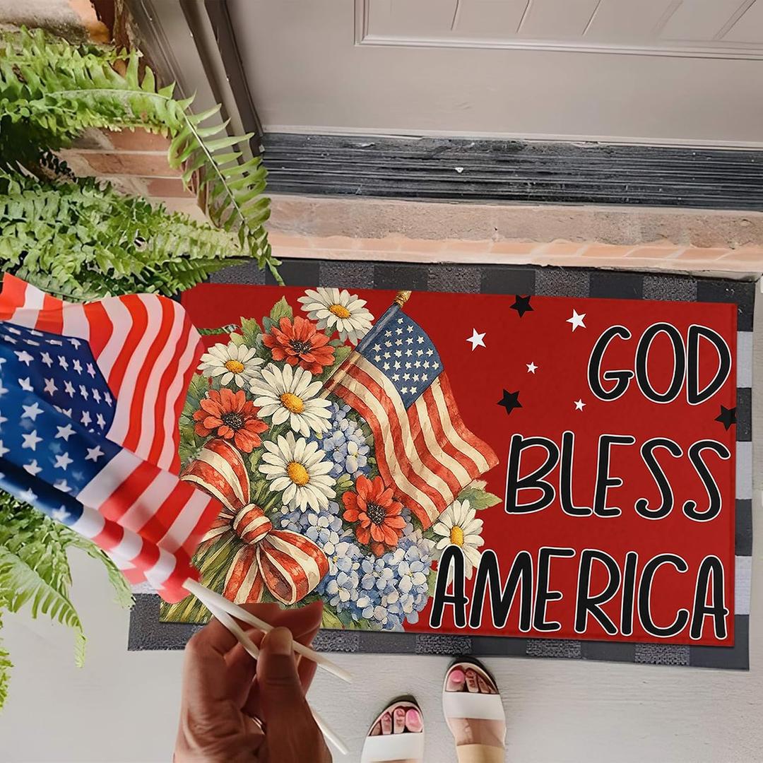 American Flag Floral Wreath Patriotic Welcome Mat 17"x30", Non-Slip Absorbent Indoor Outdoor Doormat for 4th of July & Independence Day Decor