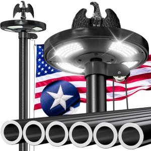 POOAMY 25FT Heavy Duty Flag Pole with Solar Light,10 Gauge Extra Thick Aluminum Flagpole Kit, Residential Flag Pole for Outside House in Ground, with 3x5 American Flag for Outdoor Commercial Use,Black