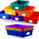Hoolerry 24 Pcs Plastic Cubby Storage Bins Classroom Cubby Organization with Self Adhesive Labels Bin Small Stackable Storage Containers Toy Book Box for School(14 x 10 x 3 Inch,Colorful)