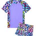 Girls Swimsuit Size 3-4T Toddler 2 Piece Colorful Leopard Bathing Suit Rash Guard with UPF50+ Sun Protection