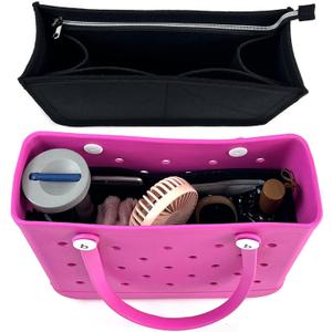 Rubber Beach Bag Organizer Liner for Small Bogg Bag/Simply Southern, Felt Insert Divider with Zippered Storage for Bogg Bag Accessories (Small Black)