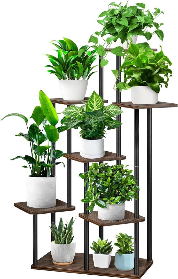 YOCOMEY 7 Tier Wood Tall Plant Stand Metal Rack Indoor, Multiple Flower Pot Holder Shelves Corner Rack, Planter Shelf Display Rack Storage Organizer for Patio Living Room Balcony Garden(Black Oak)