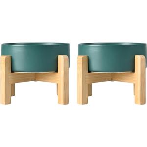 SPUNKYJUNKY Ceramic Elevated Dog Bowls 2 Pack - 8.3inch Raised Dog Bowls with Non-Slip Wooden Stand for Large Dogs Dishwasher Safe (Green,60OZ*2)