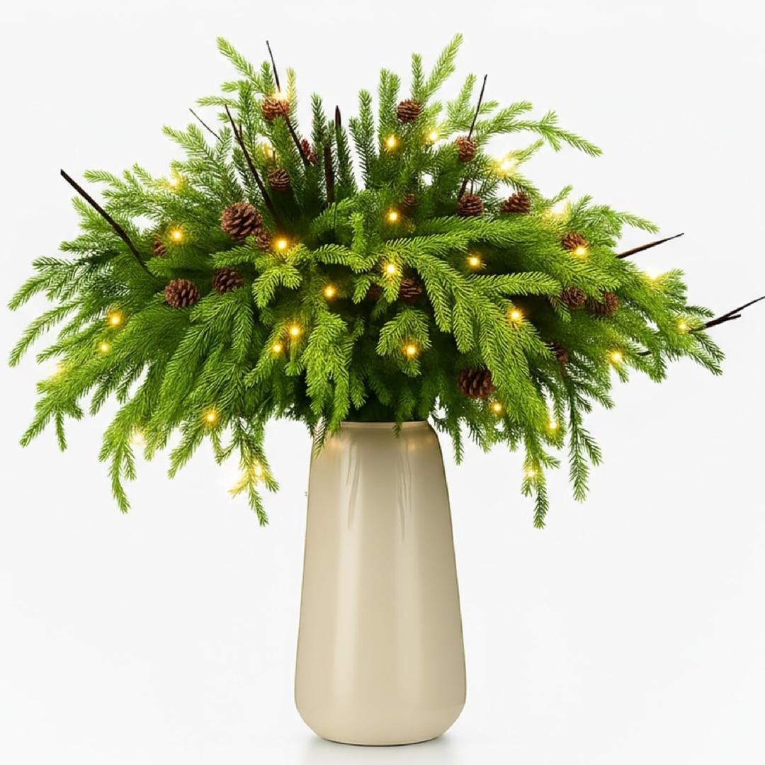 30 Pcs Christmas Norfolk Pine Branches with Lights 18" 24 Artificial Norfolk Stems Branches with Pinecone 6 Lighted Stems for Vases Xmas DIY Garland Wreath Home Centerpiece Table Decorations