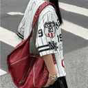 Women's Y2k Letter Print Short Sleeve Tee Shirts Striped Crewneck Drop Shoulder Loose T Shirts