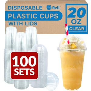 Reli. Plastic Cups with Lids 20 oz (100 Sets) | Clear Plastic Cups with Dome Lids | 20 oz PET Clear Disposable Bulk | PET Containers for Party, Iced Coffee, Smoothies, To Go Drinks
