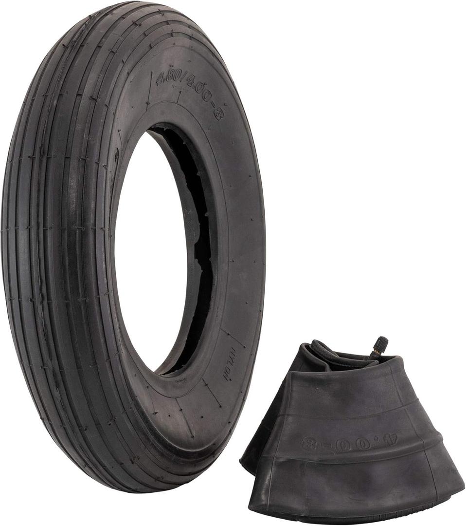 Marathon 4.80/4.00-8" Ribbed Tread Replacement Pneumatic (Air-Filled) Tire and Inner Tube Set, Fits 8-Inch Wheel/Rim, Wheelbarrow/Garden Cart/Lawn & Garden Use, Straight Valve Stem