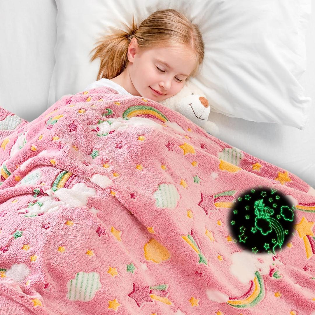 Wajade Rainbow Gifts for Girls - Glow in The Dark Rainbow Blanket Birthday Christmas Decor for Kids Age 3 4 5 6 7 8 9 10 11 12 Years Old Teens Child Toddler Throw Pink 50"x60"